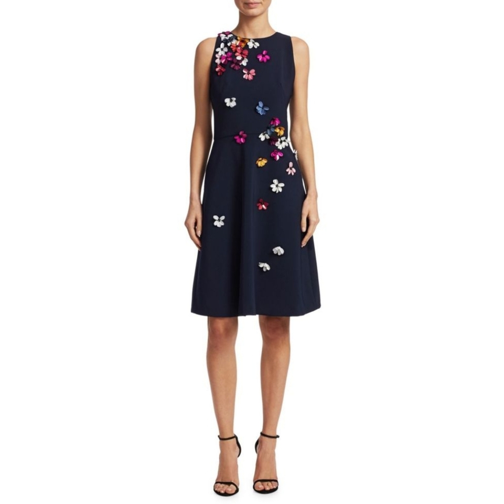 Theia Floral Embellished Navy Fit And Flare Dress